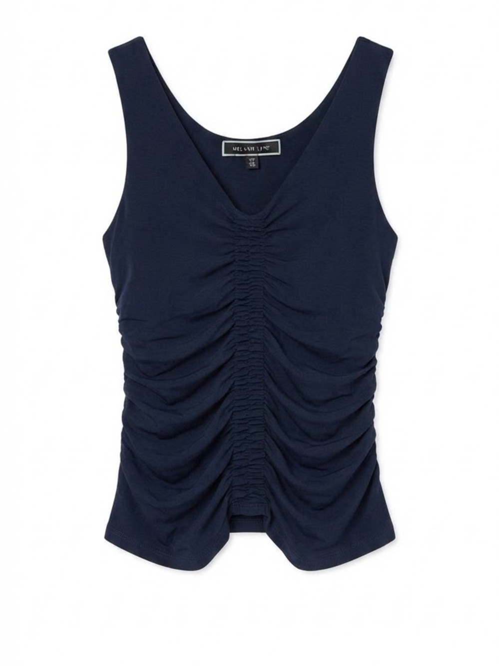 Melanie Lyne Navy Blue Ruched Tank Top V Neck Front & Back Stretch Size XS